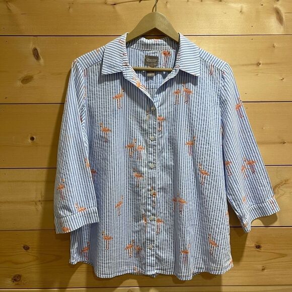 Chico's Tops - Chico's Striped 3/4 Sleeve Flamingo Button Down Blouse Size 1/ Medium
